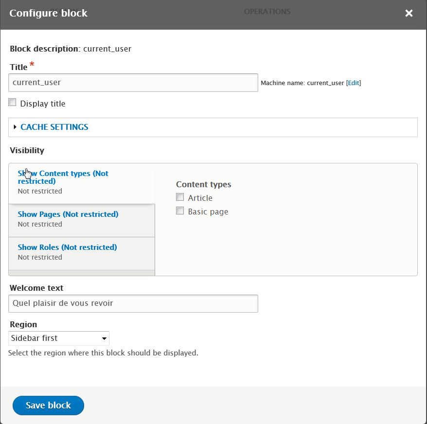 Configuration d'un bloc Drupal 8