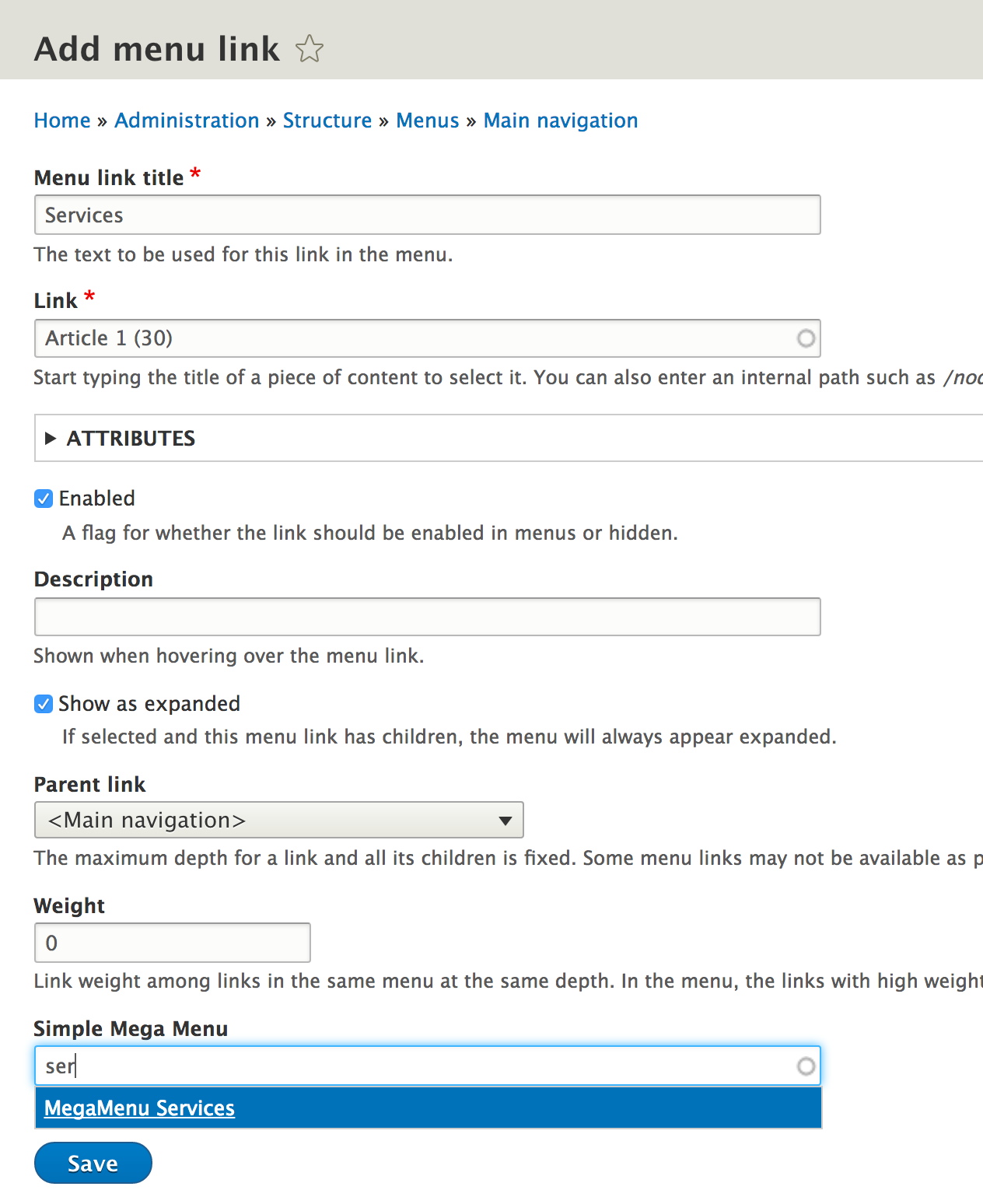 Association mega menu to menu link