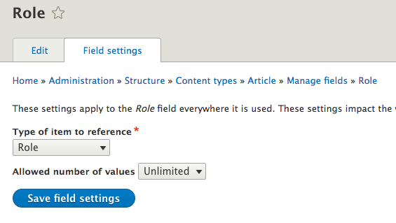 Configuration du stockage du champ Permissions by field pour les rôles