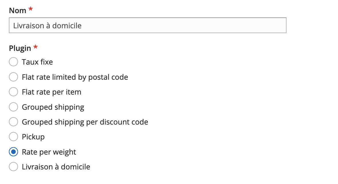 Sélection du plugin rate per weight