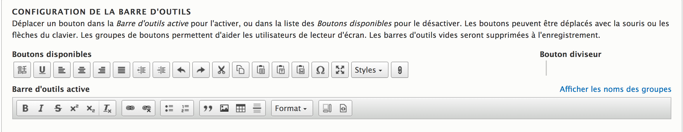 La barre d'outils de CKEditor