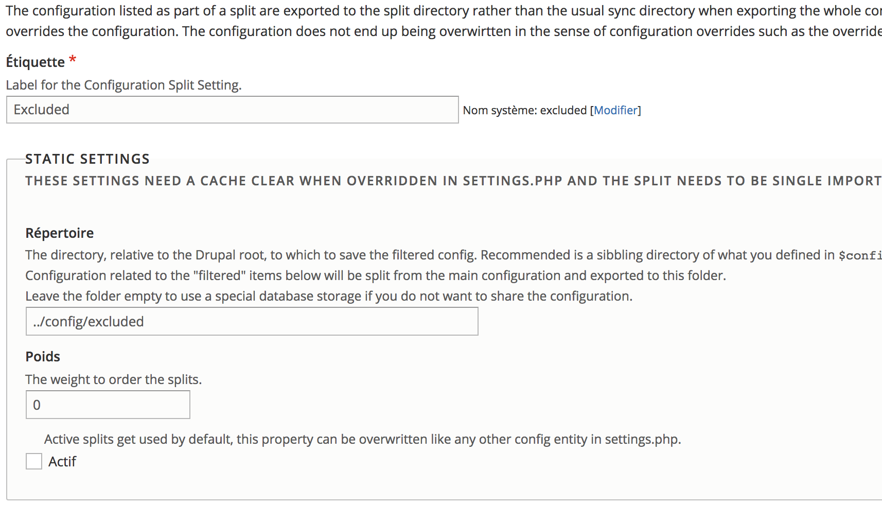 Configuration split settings