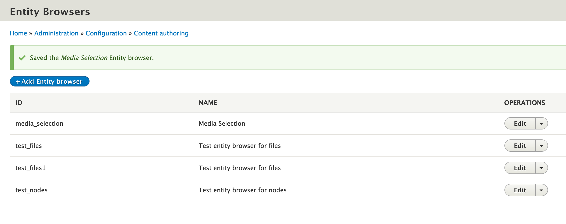 Liste des configurations Entity Browser disponibles