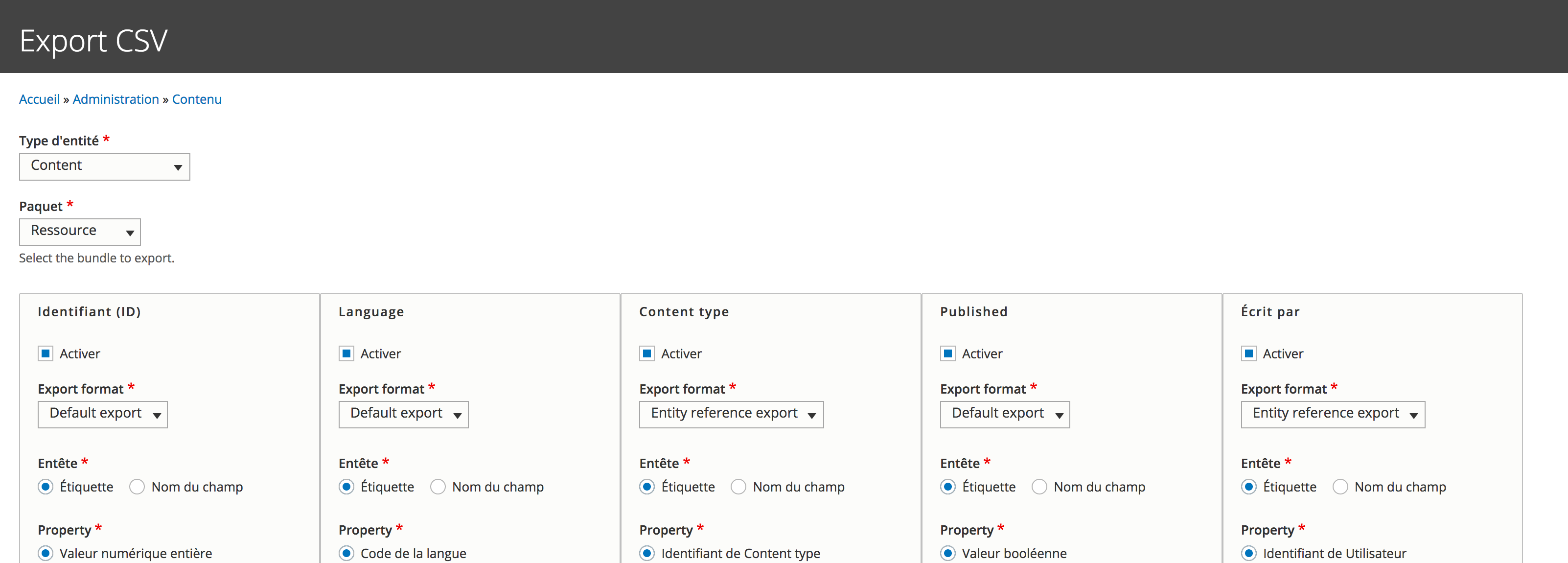 Entity Export CSV page export