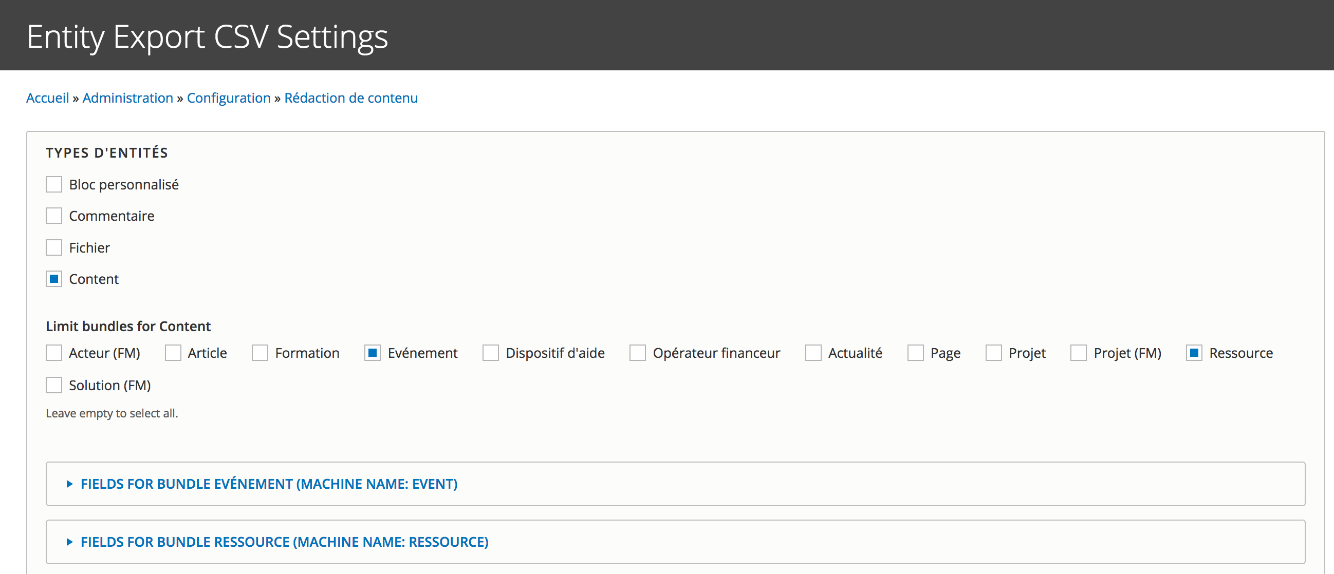 Entity Export CSV settings