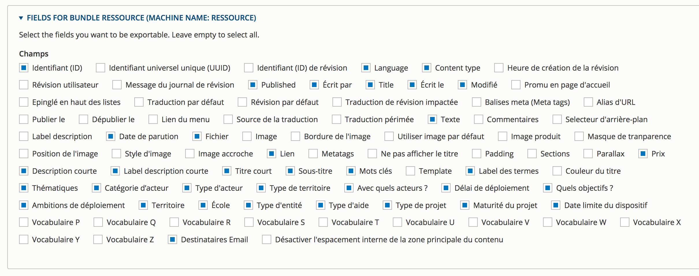 Entity Export CSV settigns details