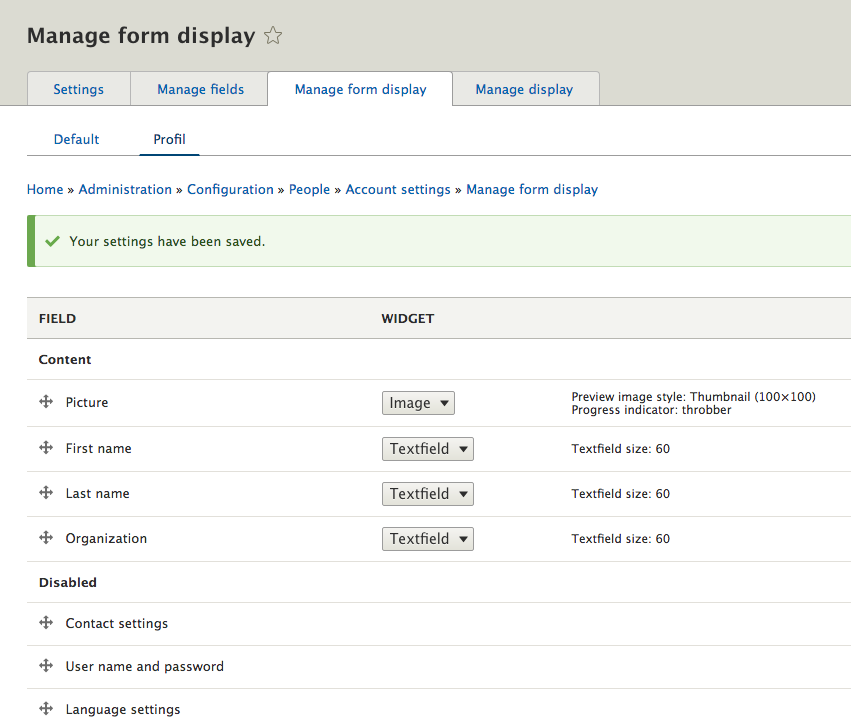 Form profil configuration