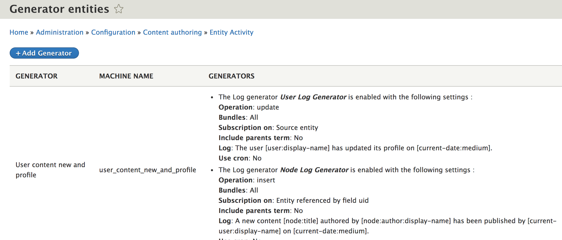 Entity Activity Generators