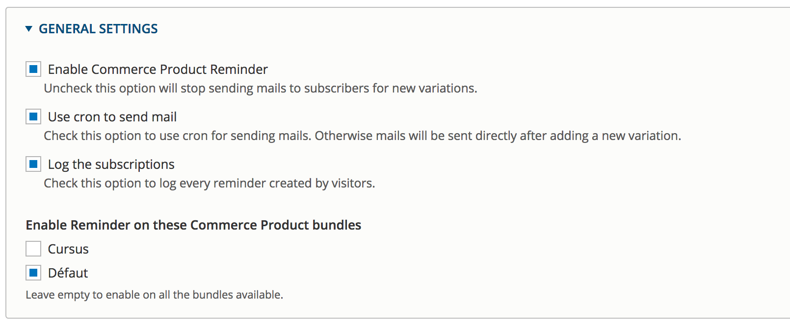 Commerce Product Reminder general settings