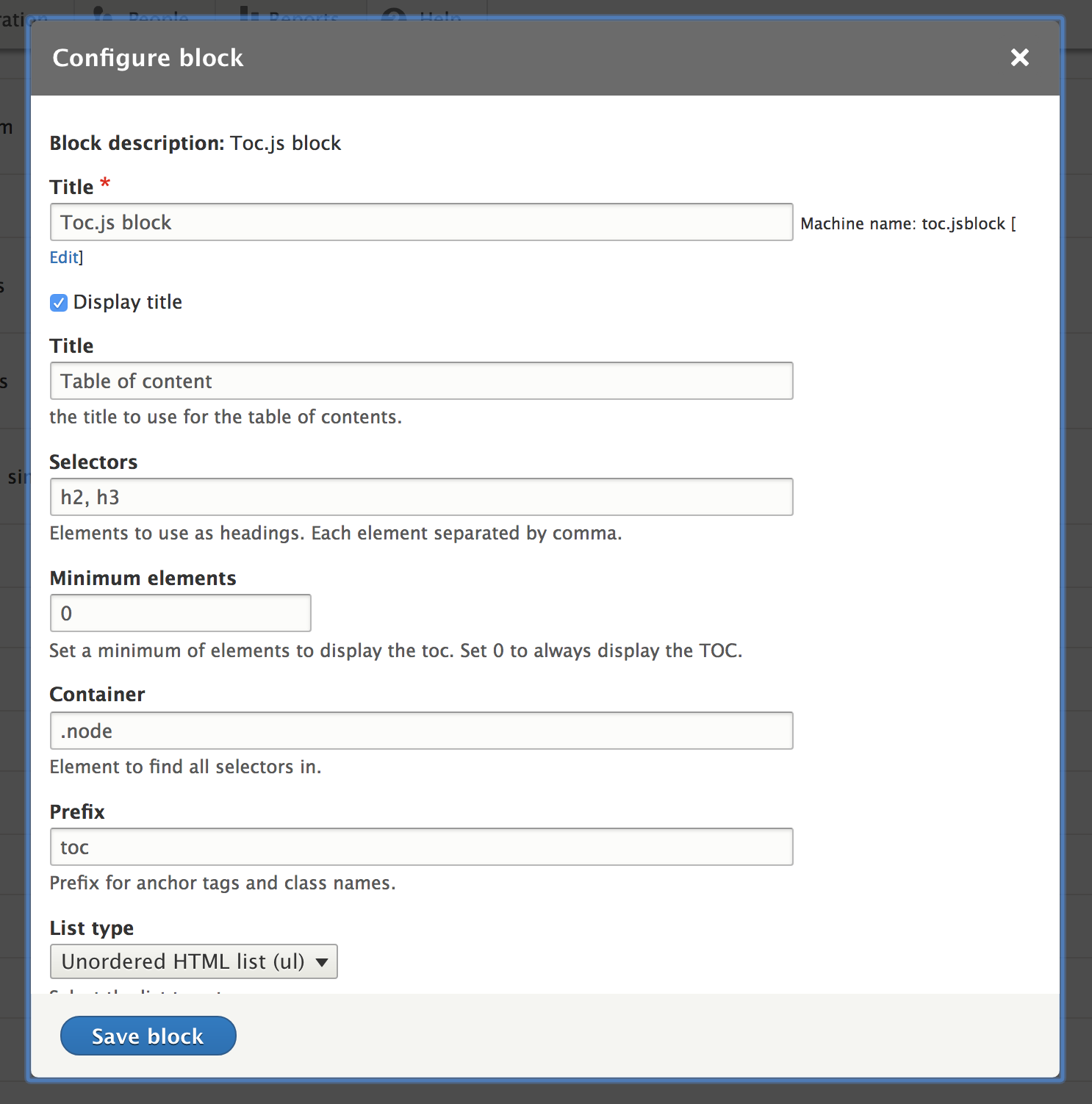 Toc.js block settings