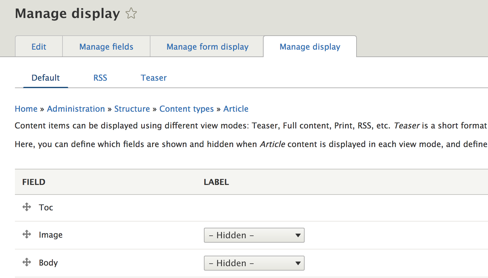 Toc display settings