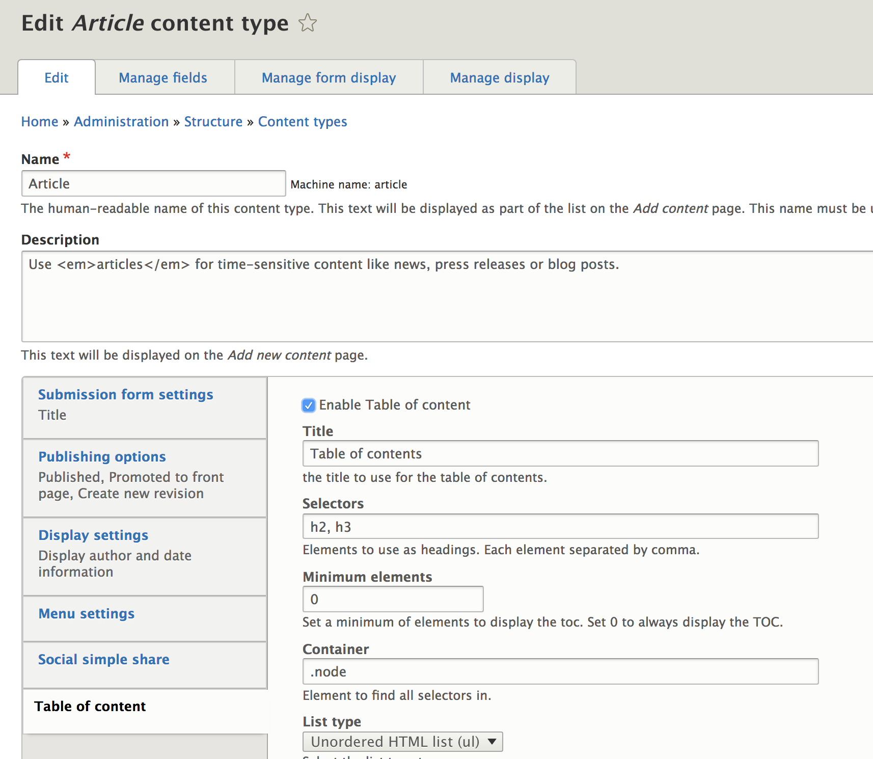 Toc.js settings